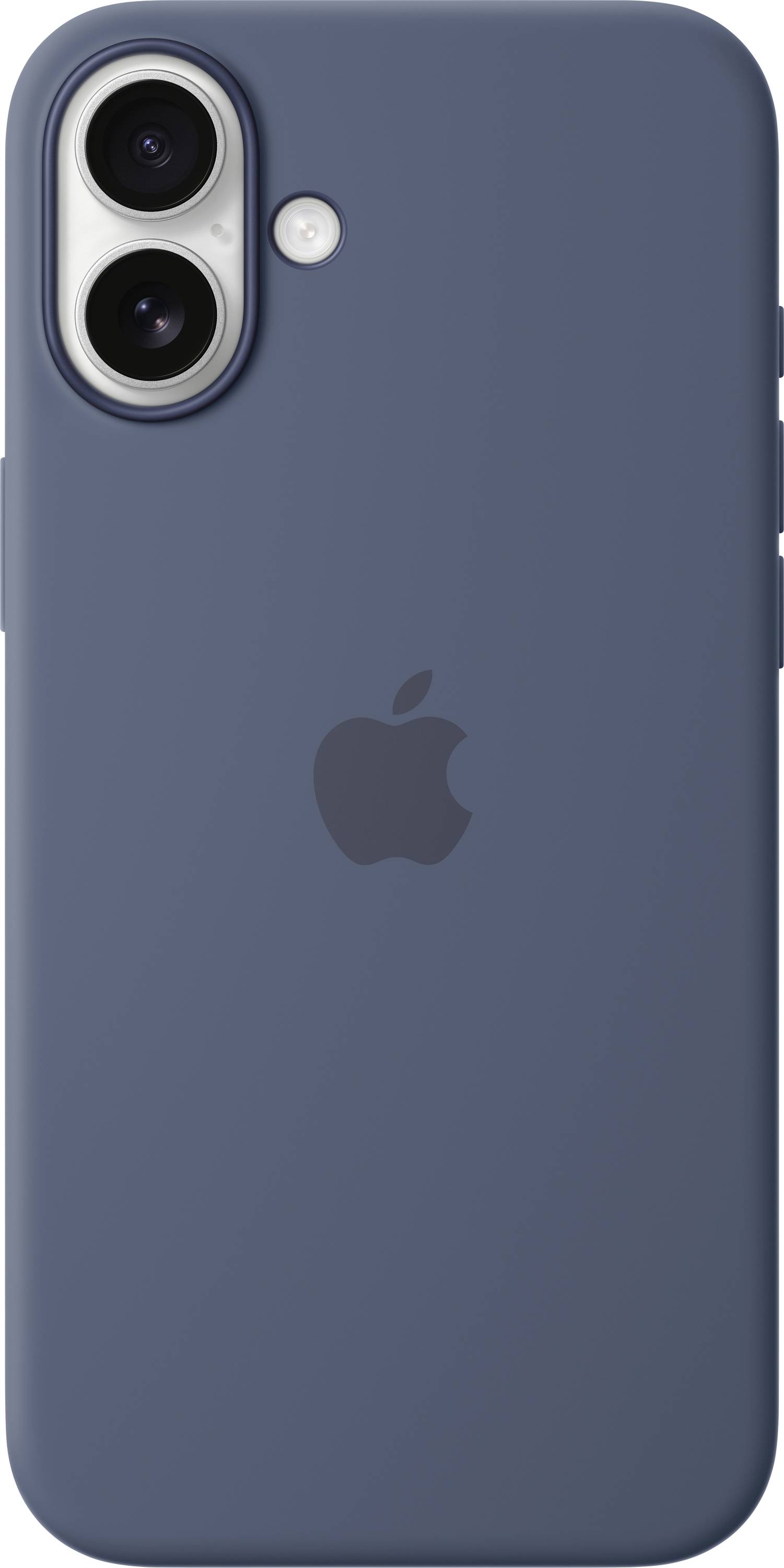 Un moderno smartphone con due obiettivi fotografici e un flash sul retro. La scocca è blu scuro e reca un logo a forma di mela.