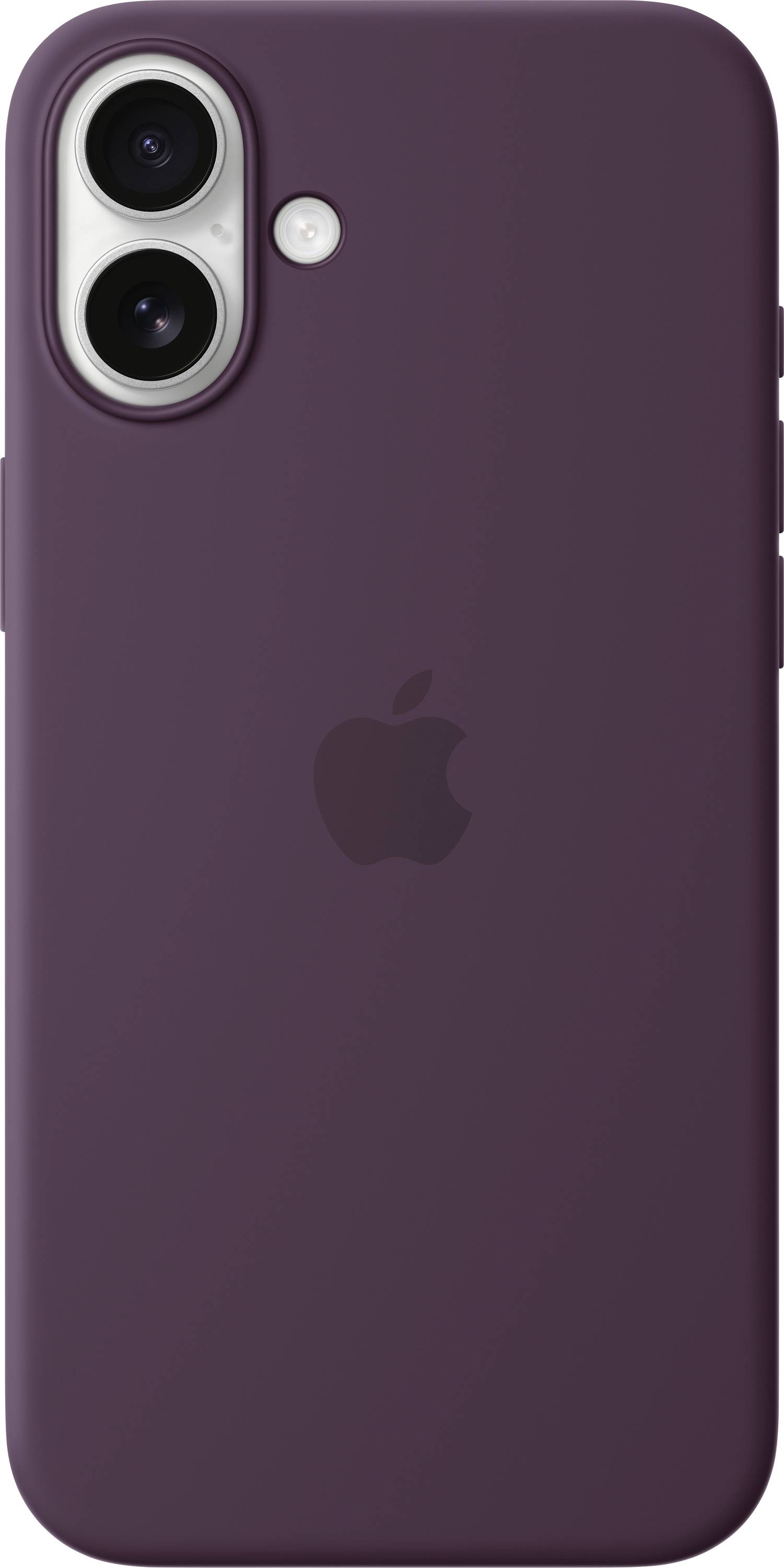 Un smartphone con custodia viola scuro, due fotocamere in alto a sinistra e un logo del marchio al centro.
