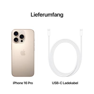 La confezione mostra un iPhone 16 Pro a sinistra e un cavo di ricarica USB-C a destra.