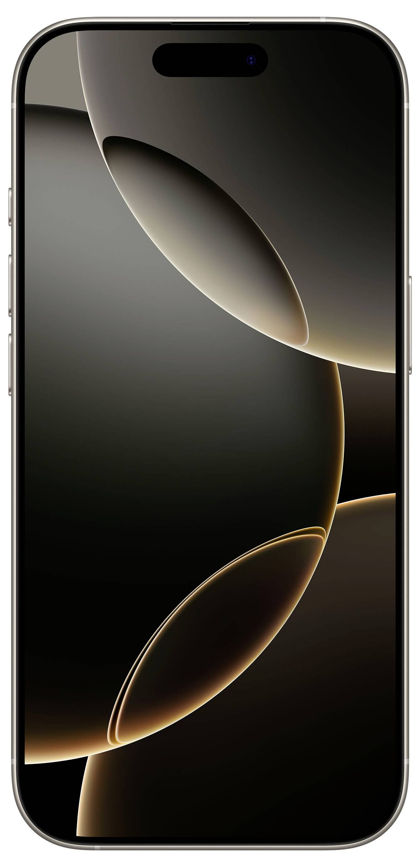 Smartphone nero con display curvo e dettagli dorati. Sullo schermo sono visibili pattern astratti circolari.