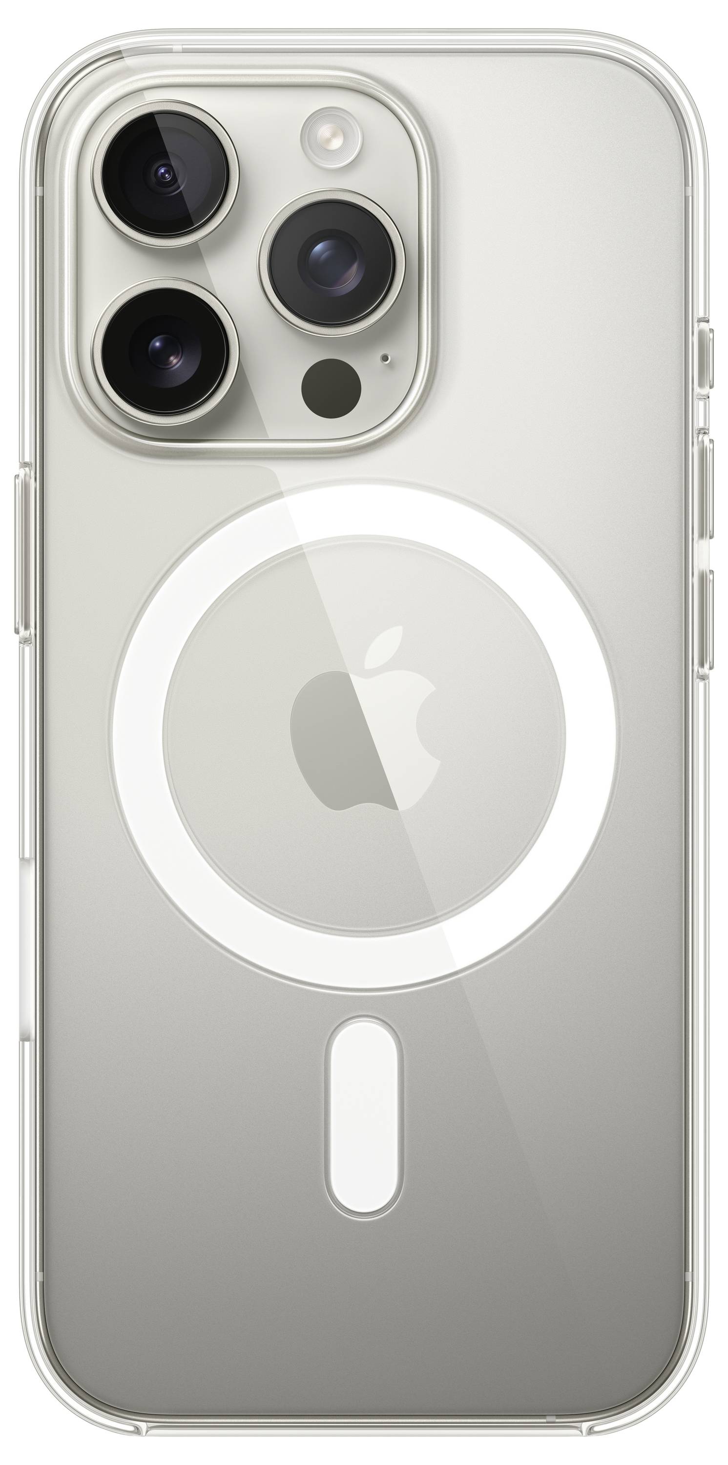 Un iPhone con una cover trasparente, dietro la quale è visibile il logo Apple e un design circolare, su sfondo bianco.