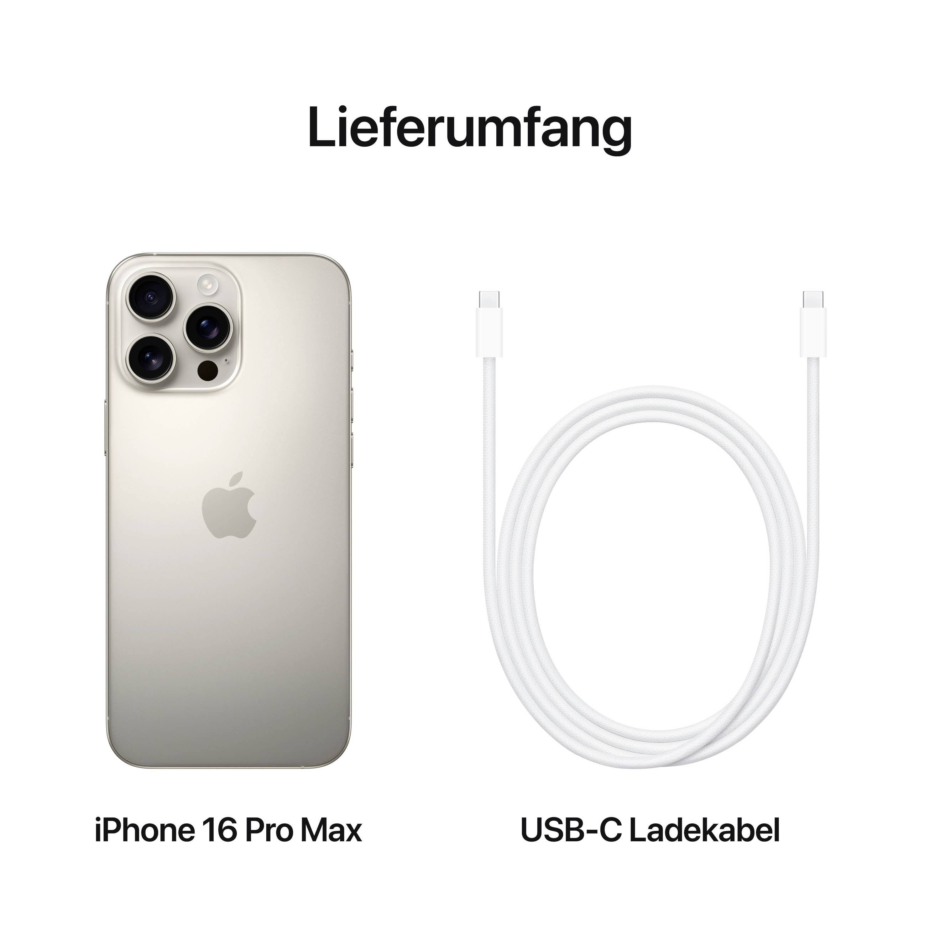 Contenuto della confezione include un 'iPhone 16 Pro Max' e un 'cavo di ricarica USB-C'.