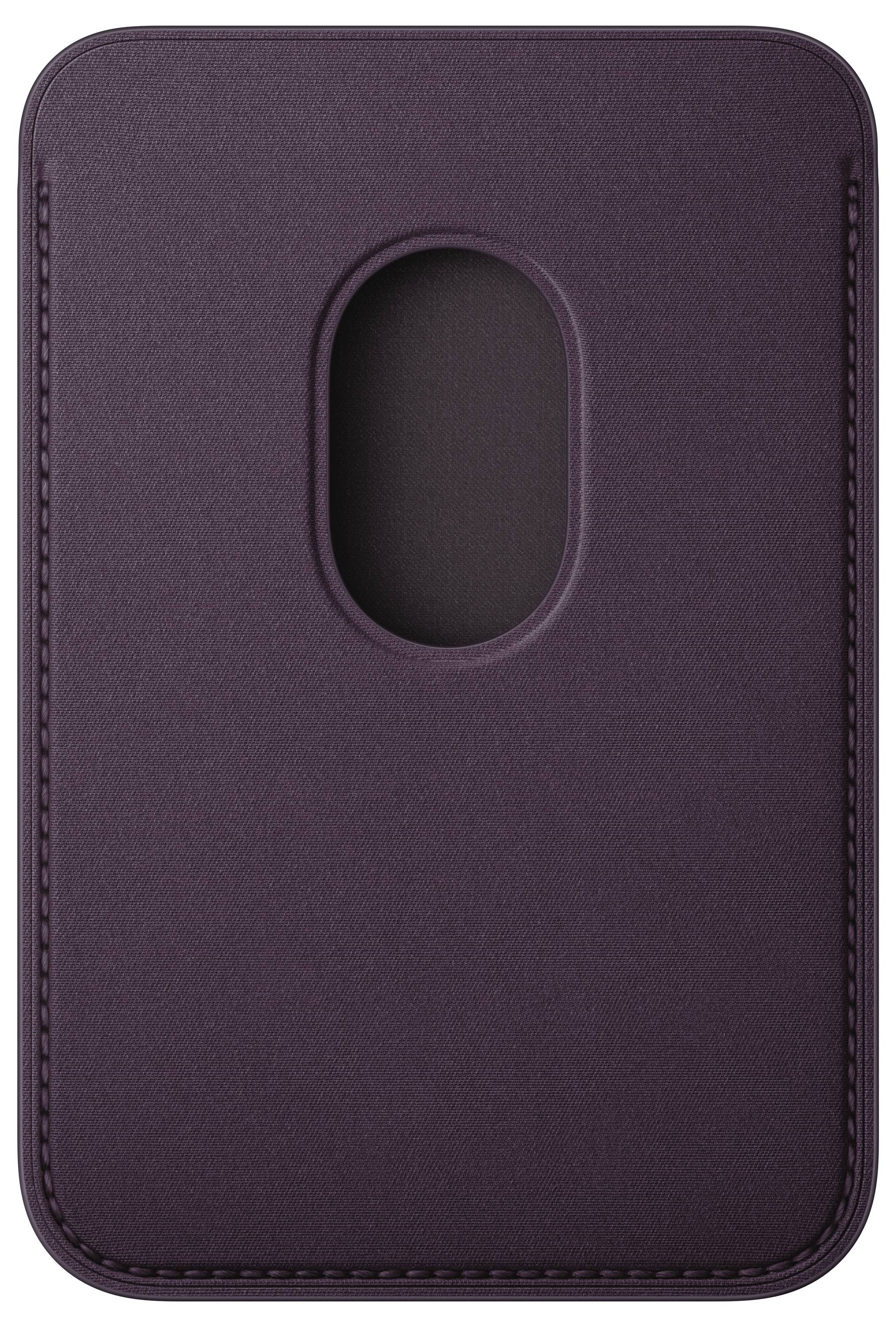 Un astuccio in pelle viola con un ritaglio ovale al centro.