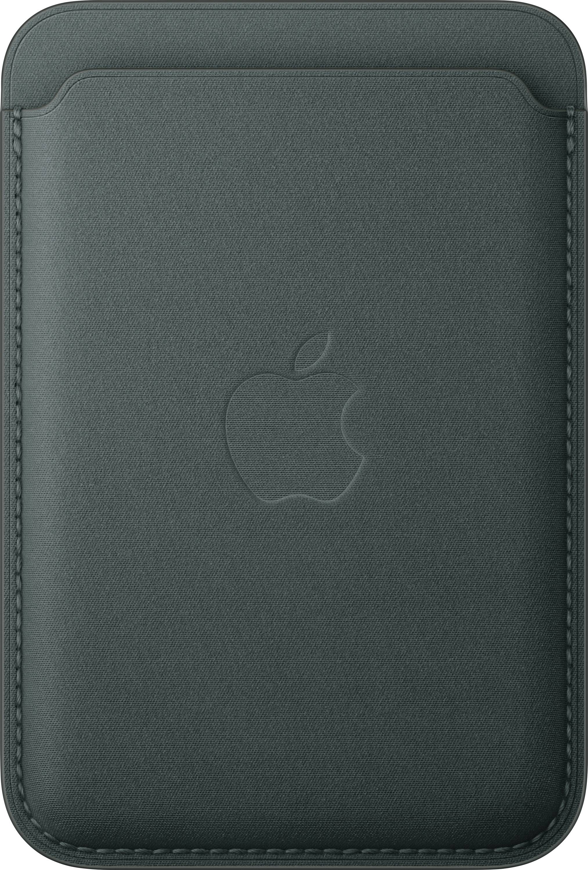 Custodia in pelle grigio scuro con logo Apple impresso sul lato anteriore, design minimalista, adatta per dispositivi elettronici.