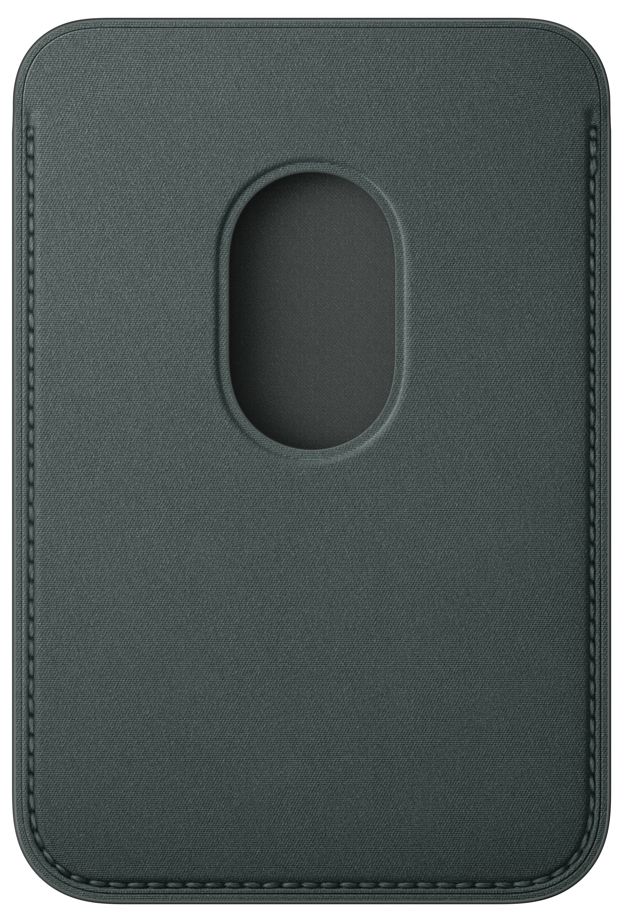 Carta in pelle grigio scuro con un ritaglio ovale centrale per rendere visibili le carte. Design minimalista, forma rettangolare.