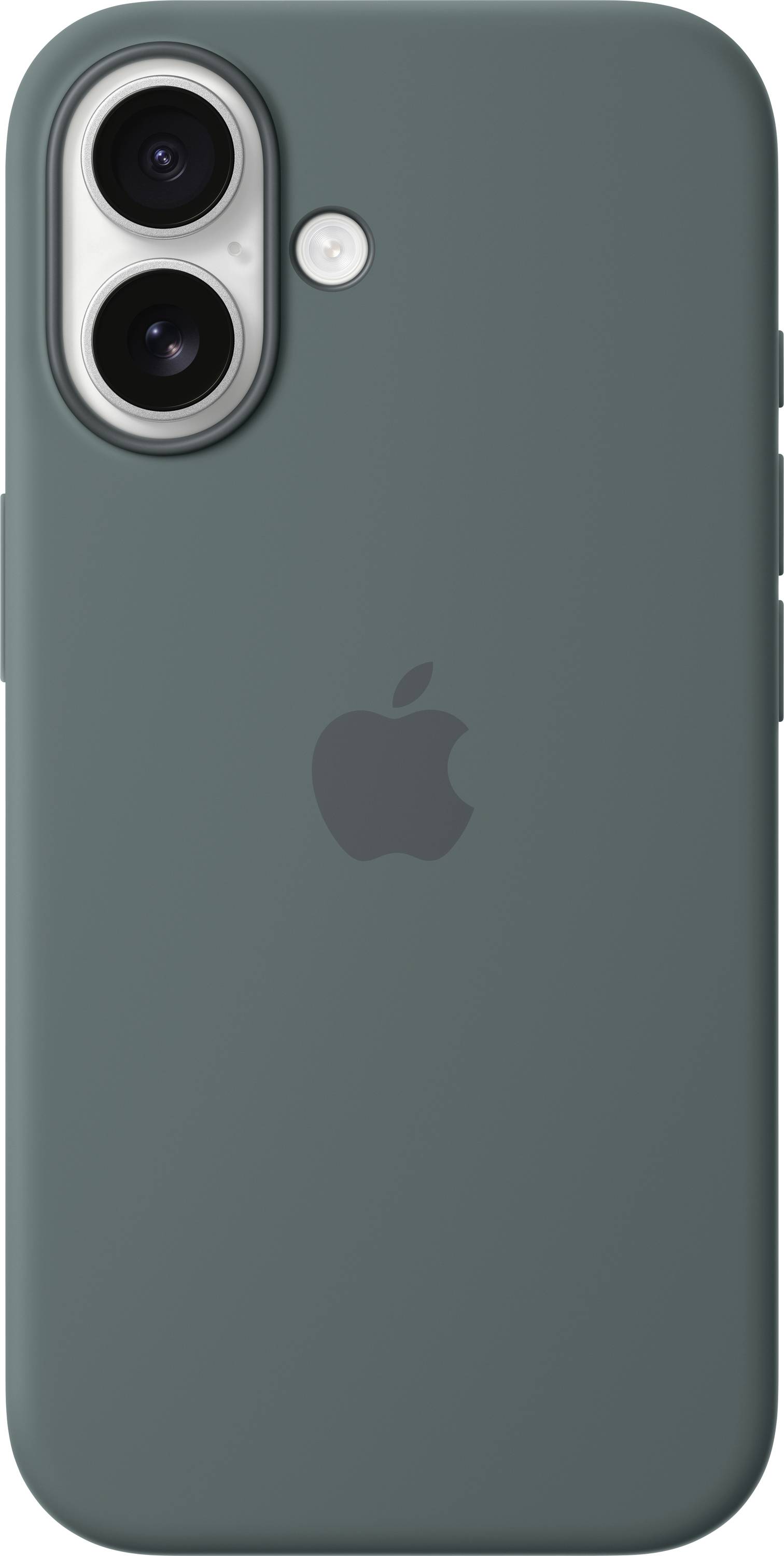 Un iPhone con una custodia verde scuro, che mostra due obiettivi della fotocamera e il logo Apple sul retro.
