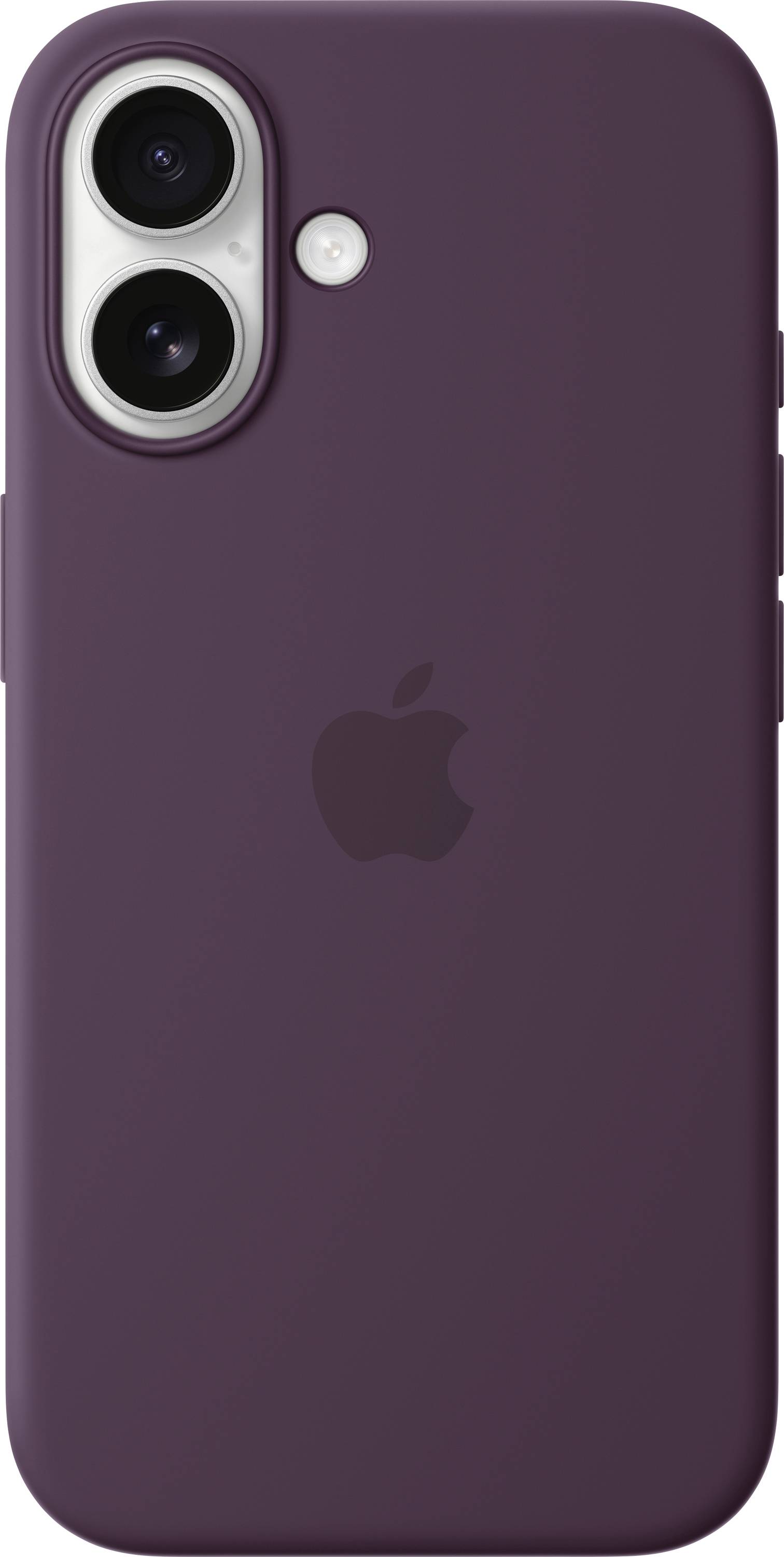 Cover Lila per cellulare con due obiettivi fotografici e un flash, con il logo Apple al centro.