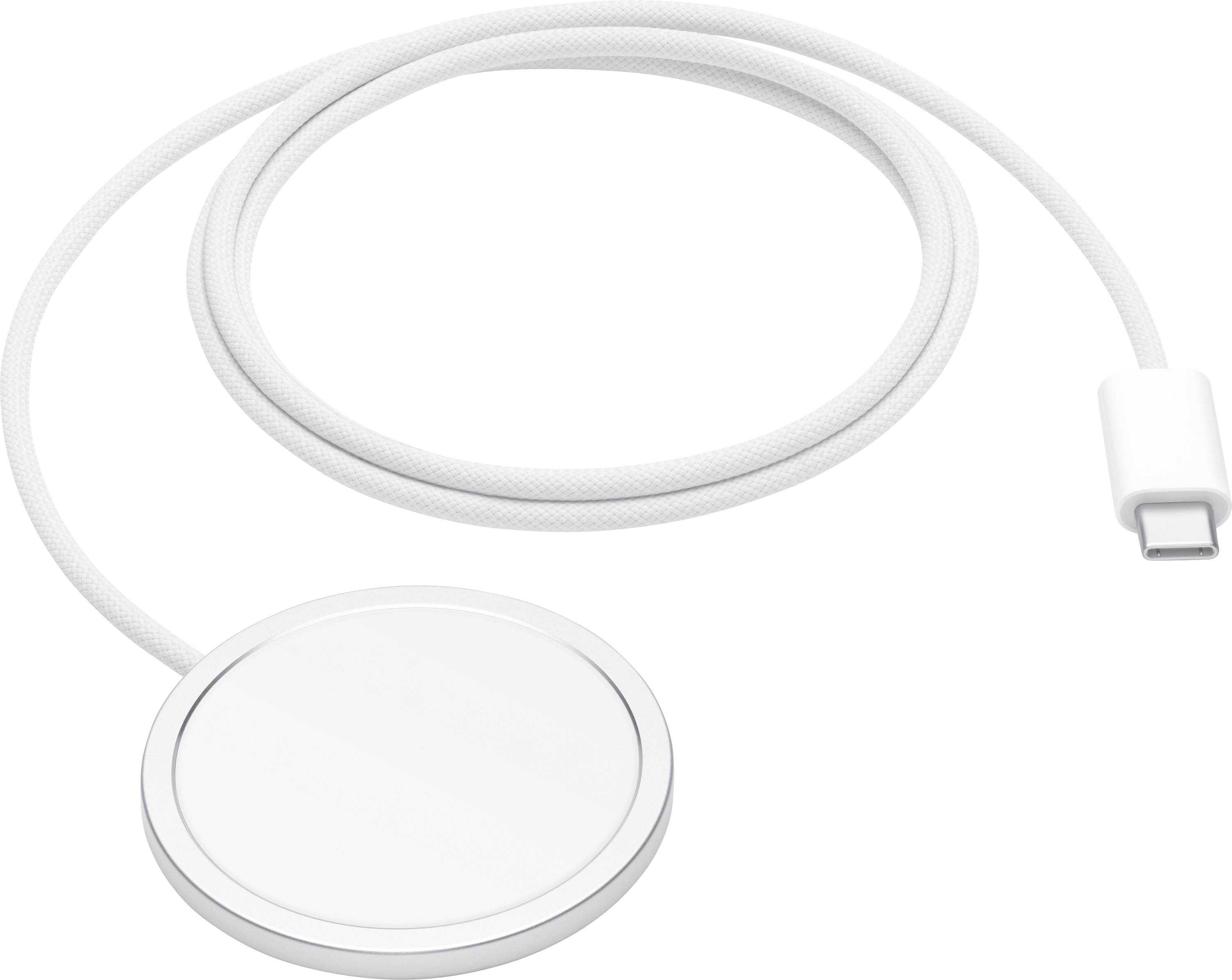 L'immagine mostra un caricabatterie magnetico rotondo di colore bianco con connettore USB-C, utilizzato per la ricarica wireless dei dispositivi.