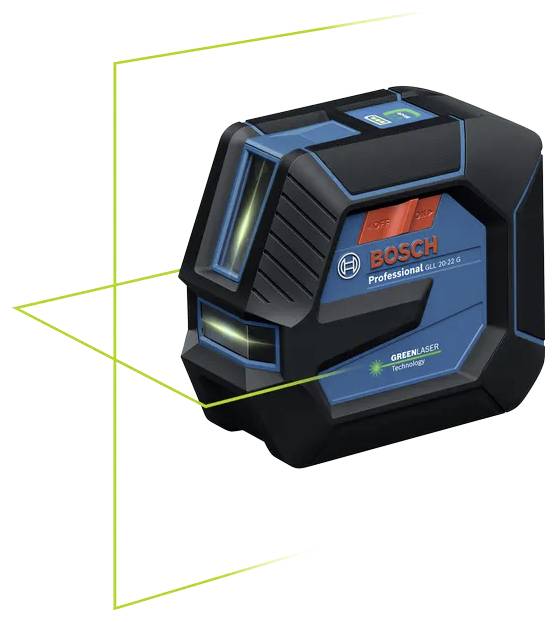 Livello laser professionale Bosch con tecnologia laser verde, che mostra linee orizzontali e verticali per compiti di allineamento preciso.