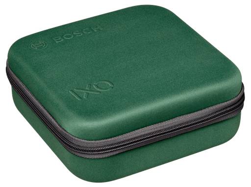 'Un astuccio verde quadrato con chiusura a zip, con il logo Bosch stampato sopra, progettato per conservare e trasportare utensili o accessori di piccole dimensioni.'