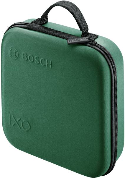 Un pratico astuccio verde Bosch con impresso 'IXO', dotato di cerniera nera e manico, presumibilmente progettato per conservare utensili o accessori.