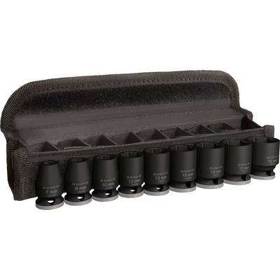 Un set di dieci dadi neri a testa esagonale con dimensioni da 7 mm a 19 mm, ordinatamente disposti in un sacchetto di stoffa.