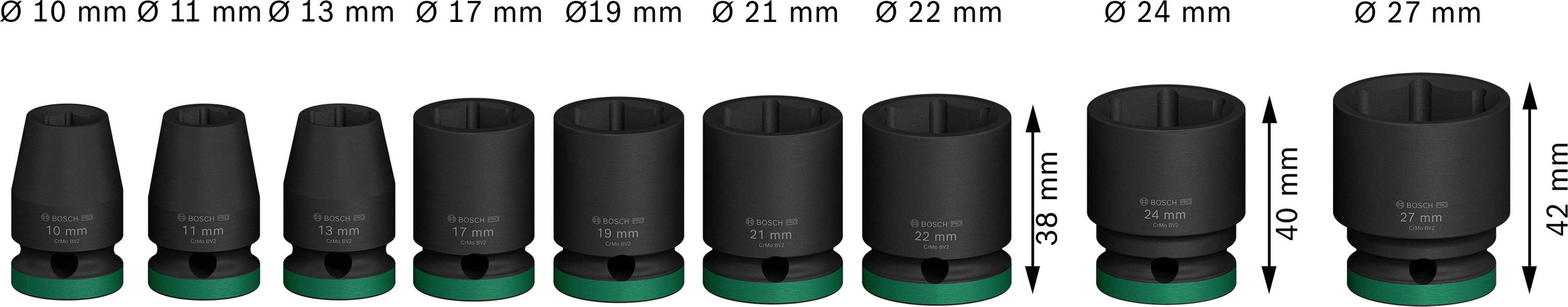 Una serie di otto bussole a innesto nere in diverse dimensioni da Ø 10 mm a Ø 27 mm, tutte con anelli verdi alla base.