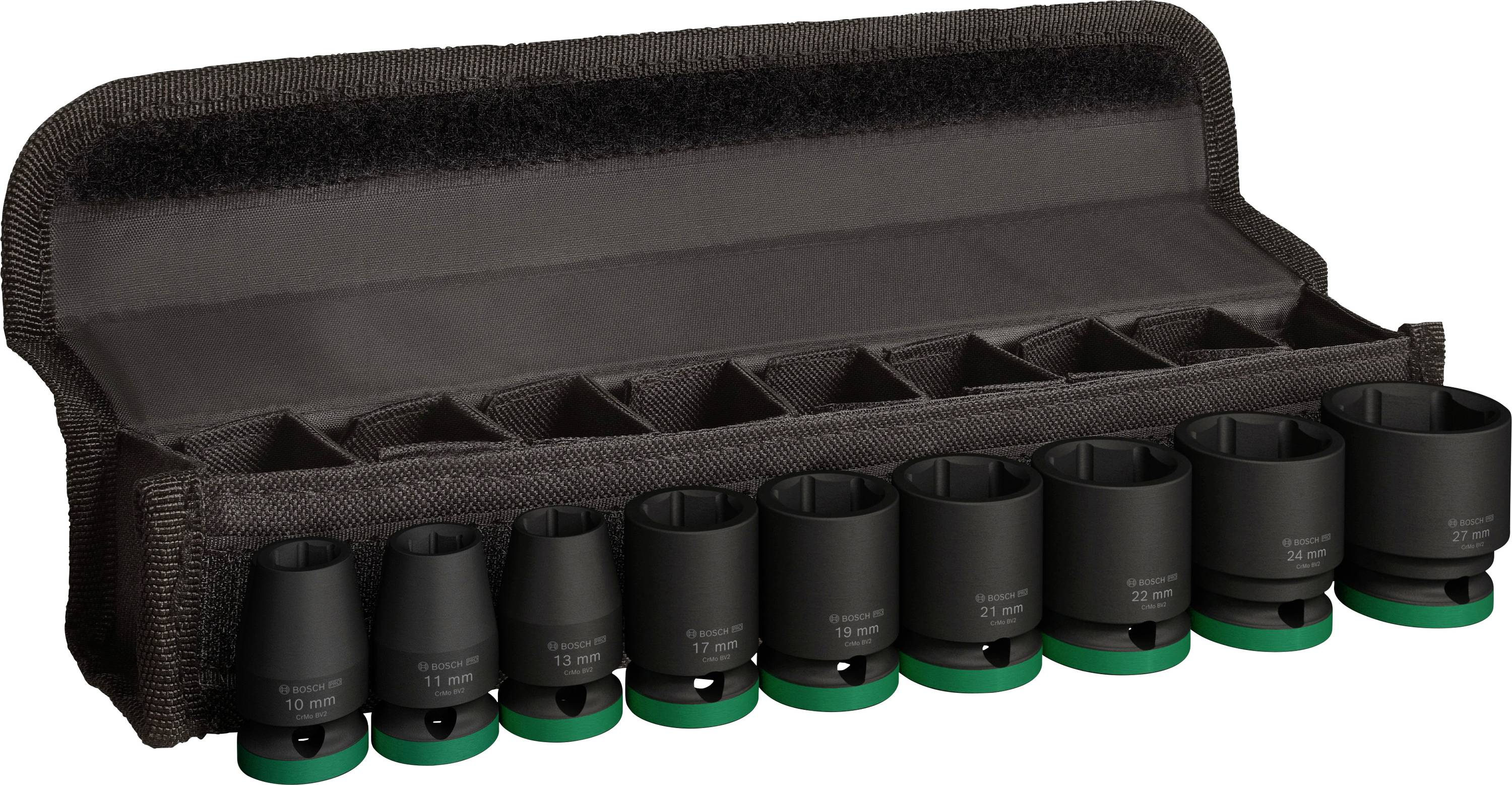Set di chiavi a bussola nero-verde con nove bussole, riposto in un sacchetto di stoffa nero aperto e disposto in fila.
