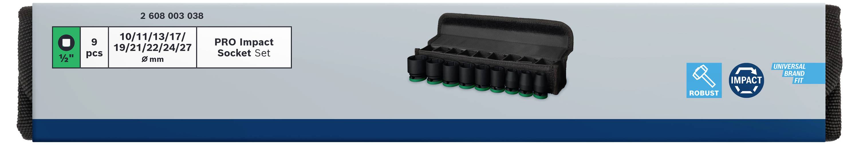 Set di bussole PRO Impact di varie dimensioni, confezionate in una confezione blu con i dettagli del prodotto stampati.