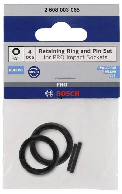 'Set di anelli di fermo e perno Bosch per bussole a impulsi PRO, 3/8'', 4 pezzi. Robusto, adattamento universale per utensili a impulsi.'