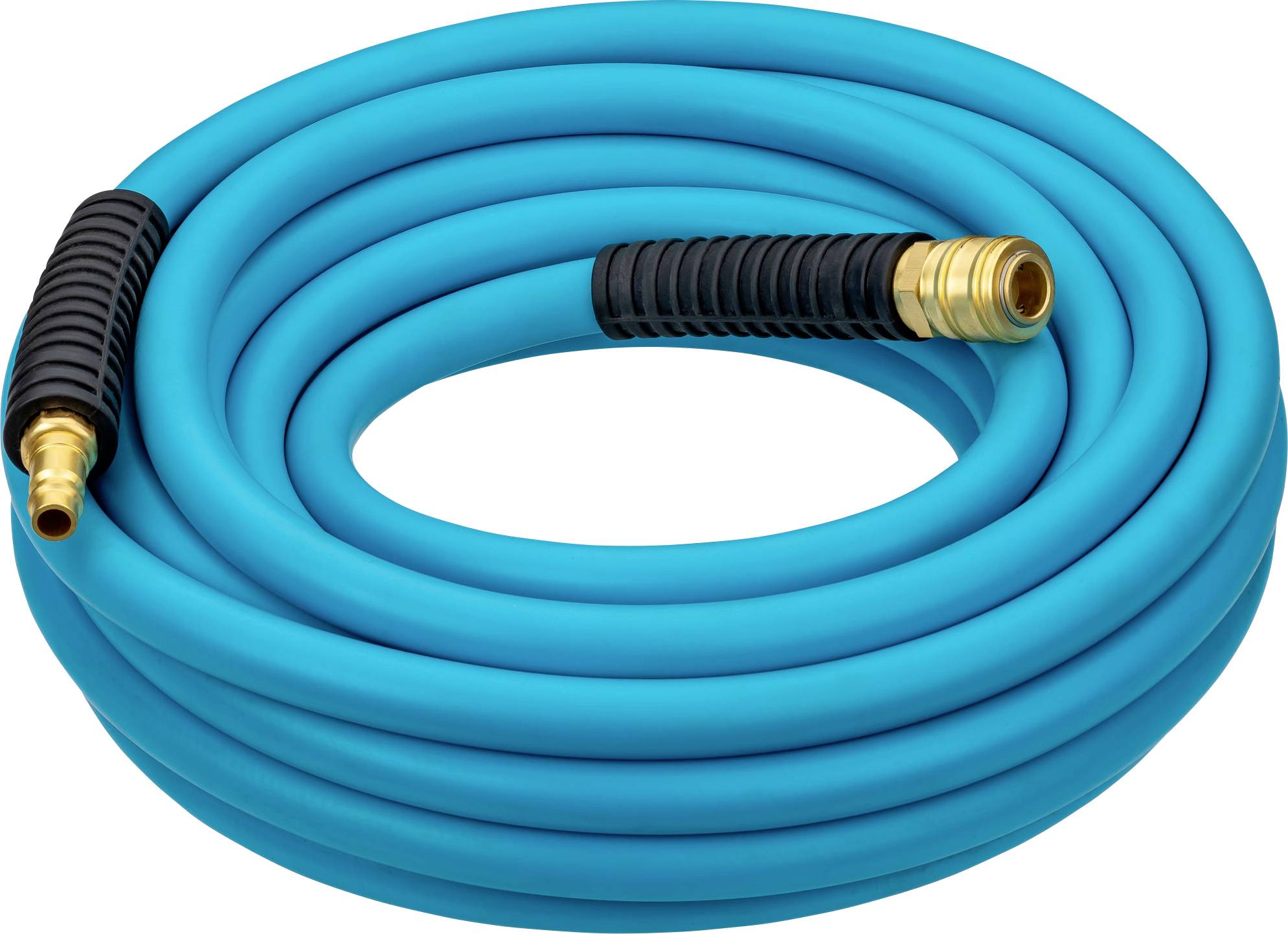 Tubo dell'acqua blu con raccordi neri e dorati, arrotolato.