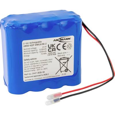Batteria Li-Ion blu con cavi di collegamento, capacità: 5000mAh, tensione: 14,4V. Adesivo con istruzioni di sicurezza e informazioni del produttore.