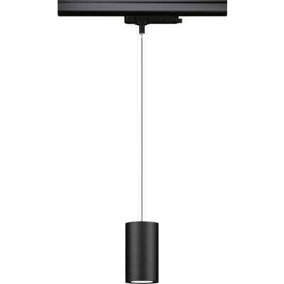Lampada a sospensione nera cilindrica, montata su binario a soffitto, design moderno, minimalista.