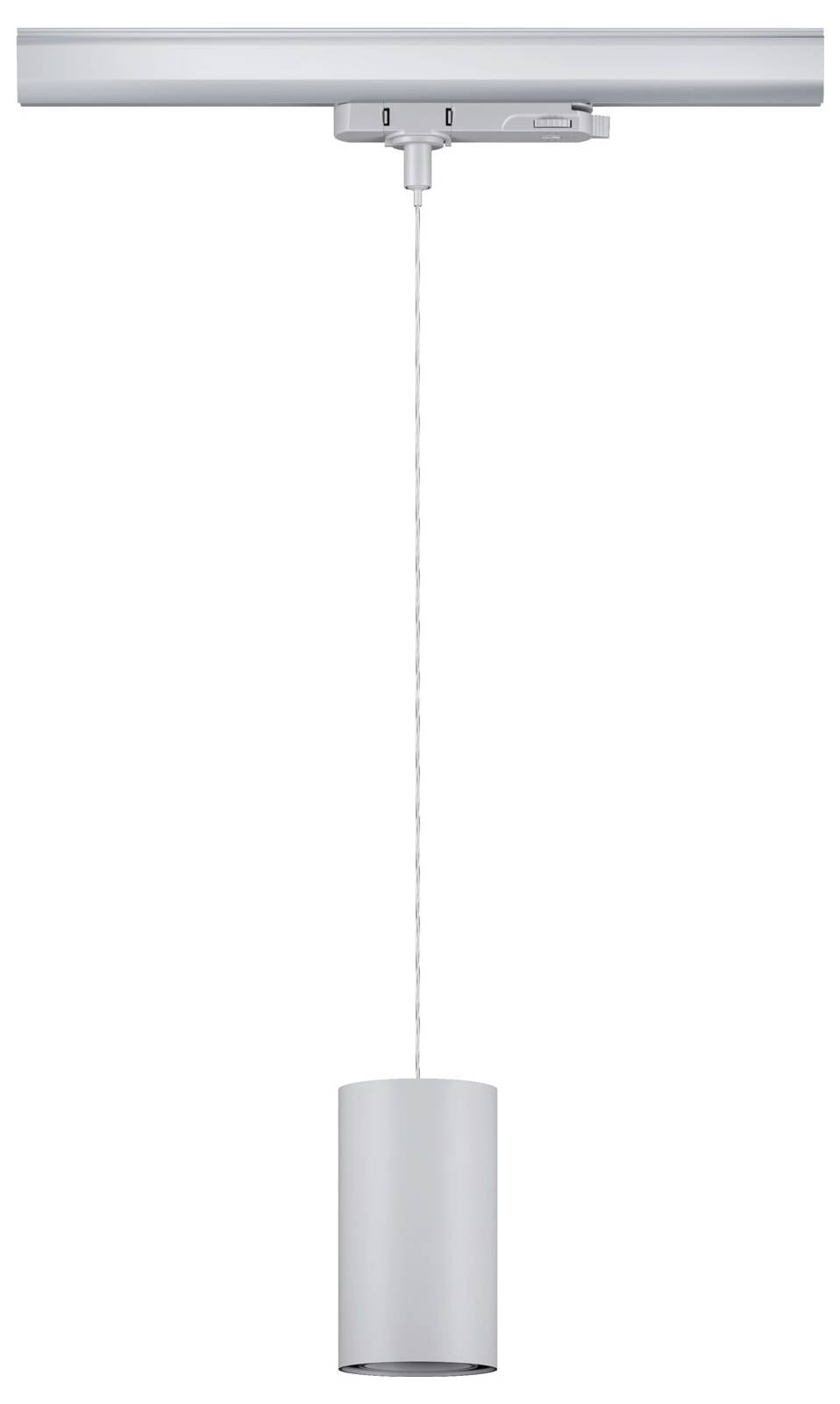 Un faretto cilindrico color argento è sospeso da una barra. Ideale per un'illuminazione mirata negli spazi interni.