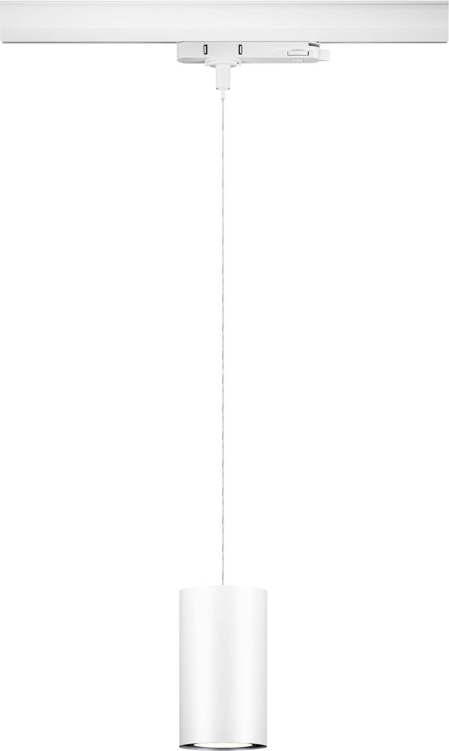 Lampada a sospensione bianca, cilindrica, appesa a un sottile cavo da una barra a soffitto. Design moderno e minimalista.