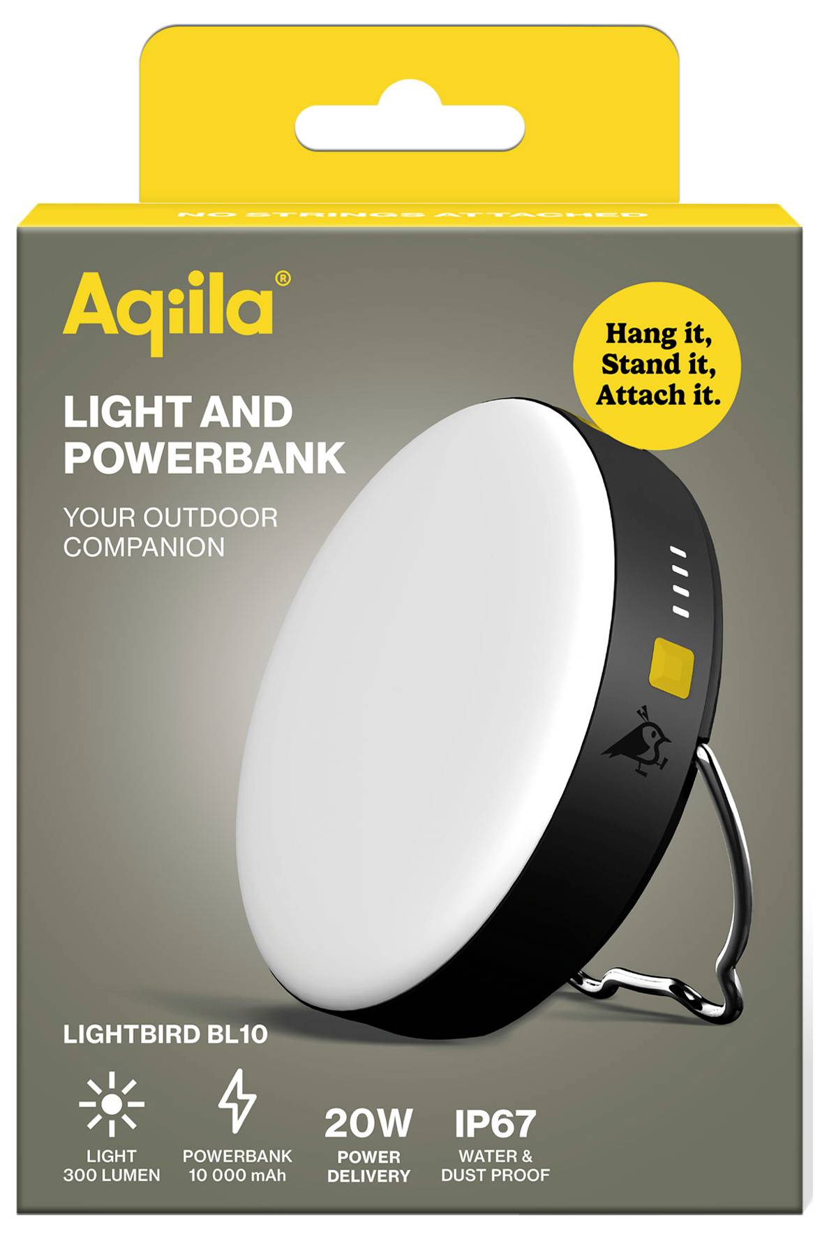Una lampada portatile e powerbank combinati, 300 lumen, 10.000 mAh, impermeabile e antipolvere (IP67), con gancio per appenderla.