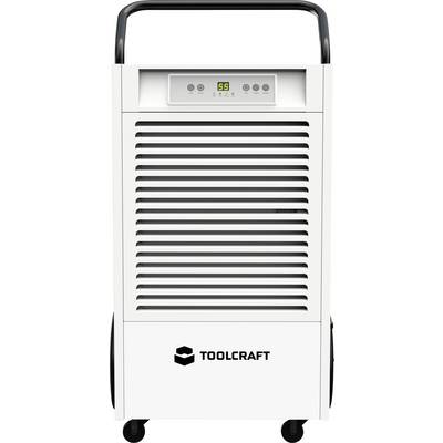 Deumidificatore portatile bianco Toolcraft con display digitale, quattro tasti di controllo e ruote per il trasporto, adatto per ambienti interni.