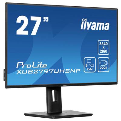'Monitor iiyama ProLite XUB2797UHSNP da 27", risoluzione 3840x2160, con funzioni KVM e dock, mostrato su un supporto.'