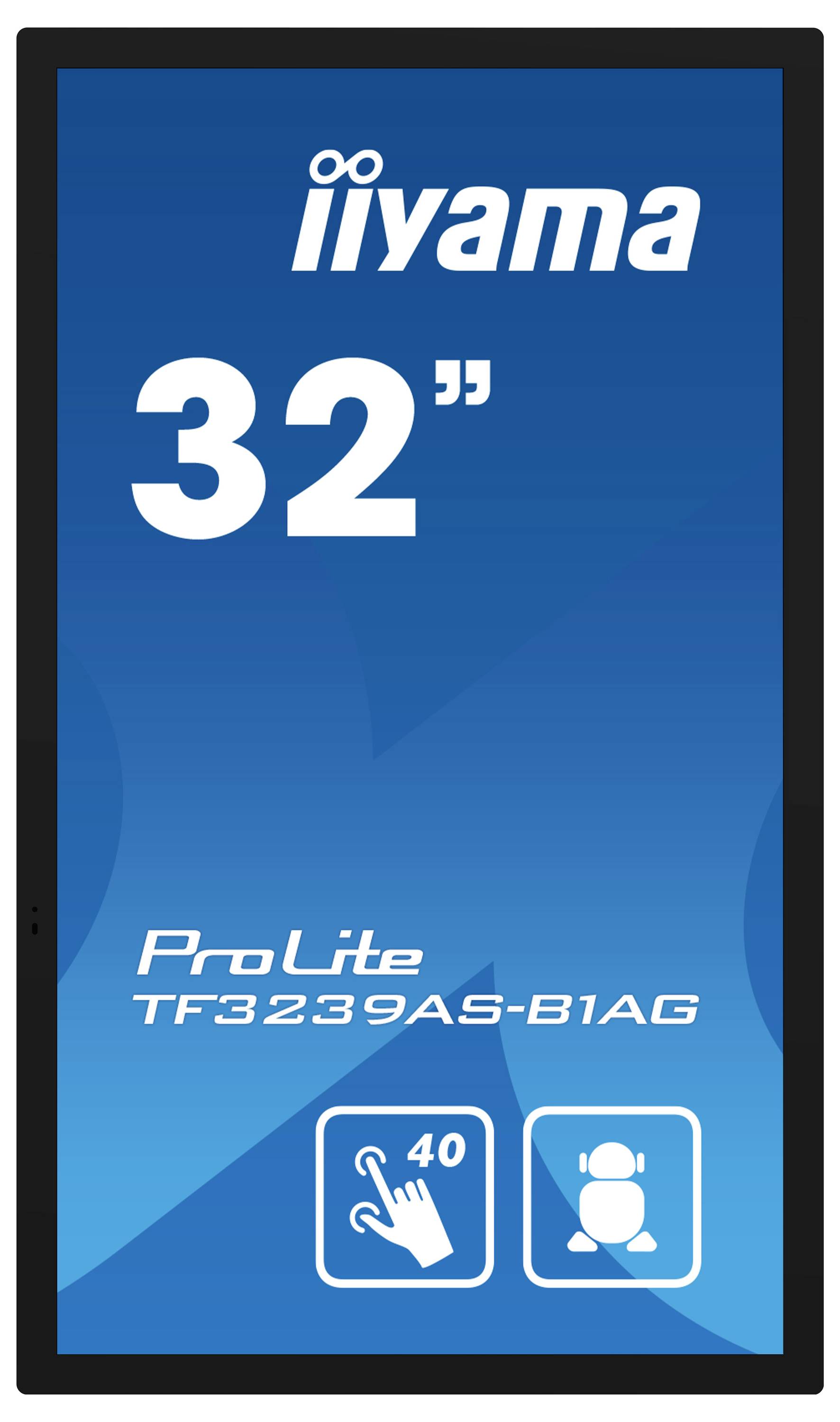 Monitor touchscreen 'iiyama 32" ProLite TF3239AS-B1AG' con 40 punti di tocco e sfondo blu.