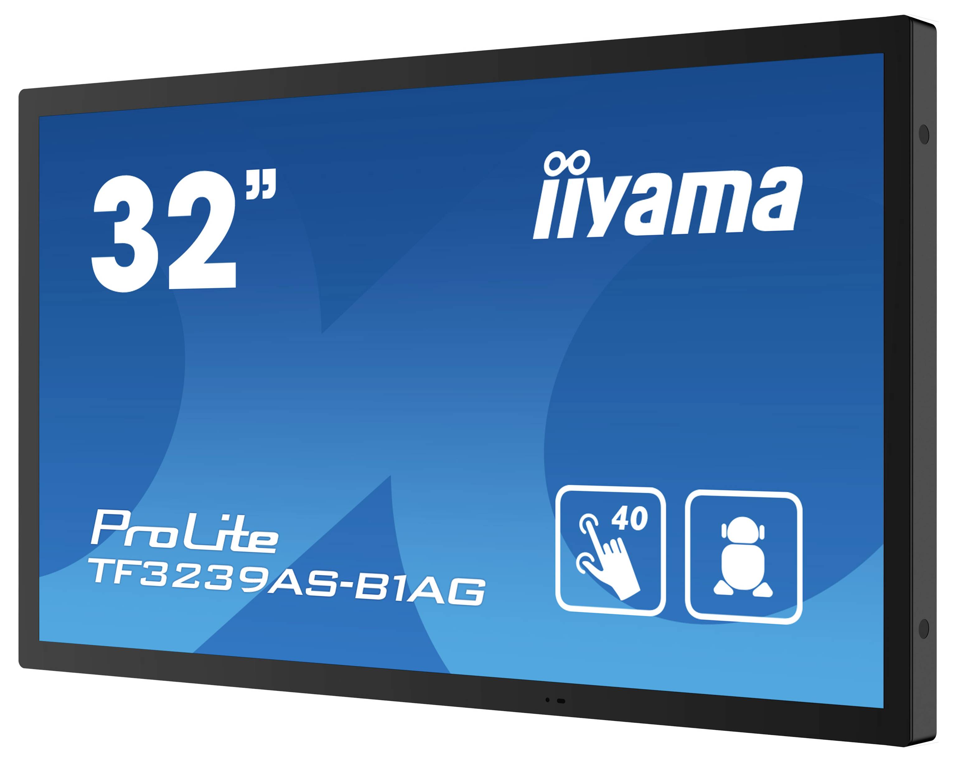 Un monitor Iiyama ProLite da 32 pollici con modello TF3239AS-B1AG, che presenta un'icona touch e un'icona di una persona su uno sfondo blu.