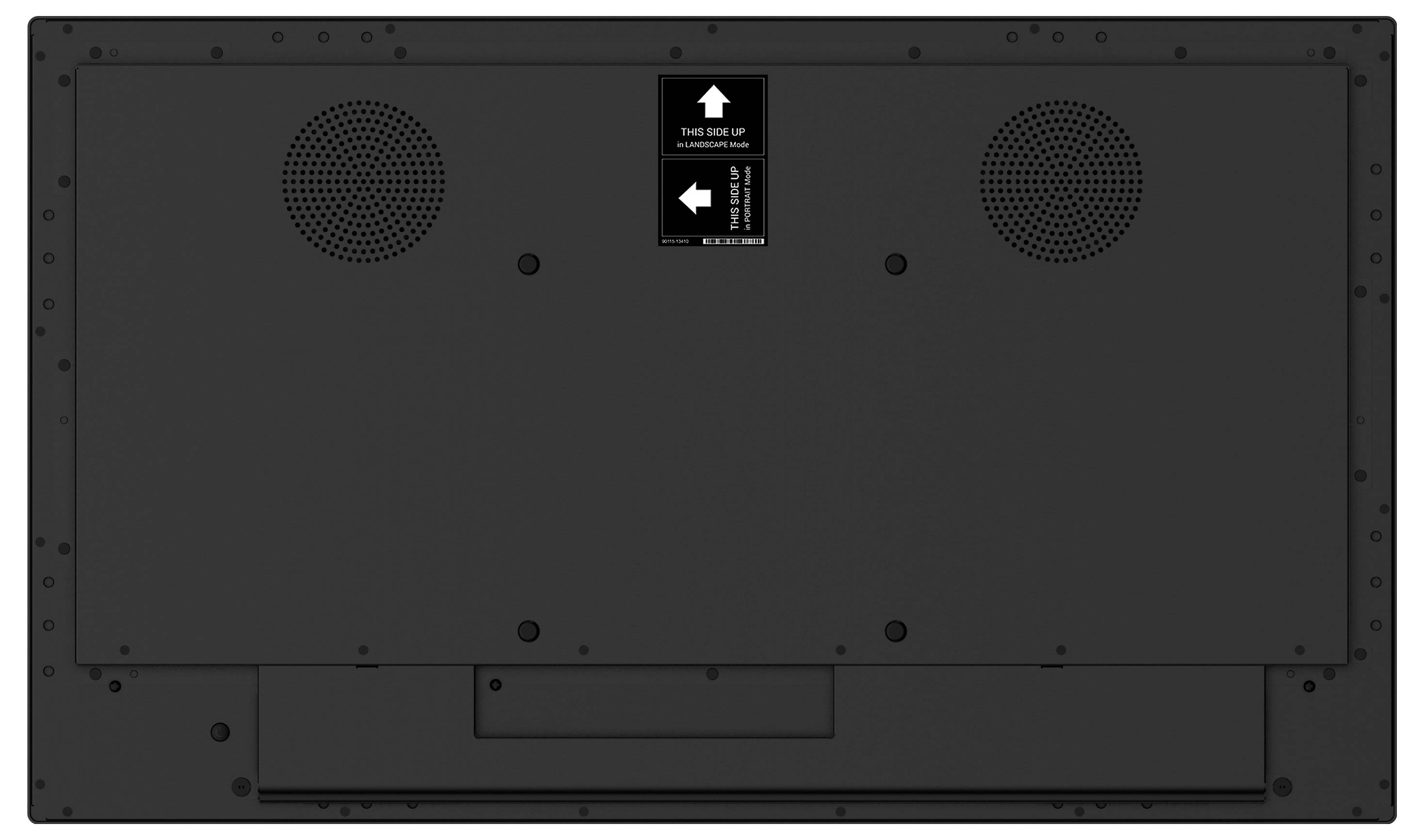 Parte posteriore di un grande dispositivo elettronico rettangolare con due aperture circolari e un'etichetta che indica l'orientamento con il testo "Questo lato in alto".