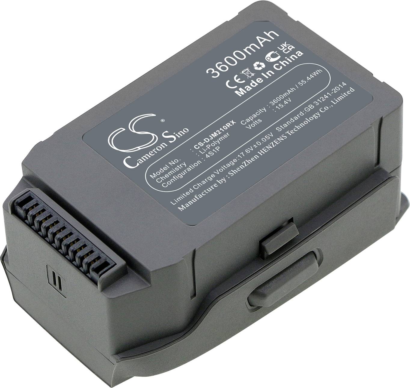 Batteria ricaricabile da 3600mAh. Iscrizione: 'Cameron Sino, Made in China'. Forma rettangolare, adatta per dispositivi elettronici.