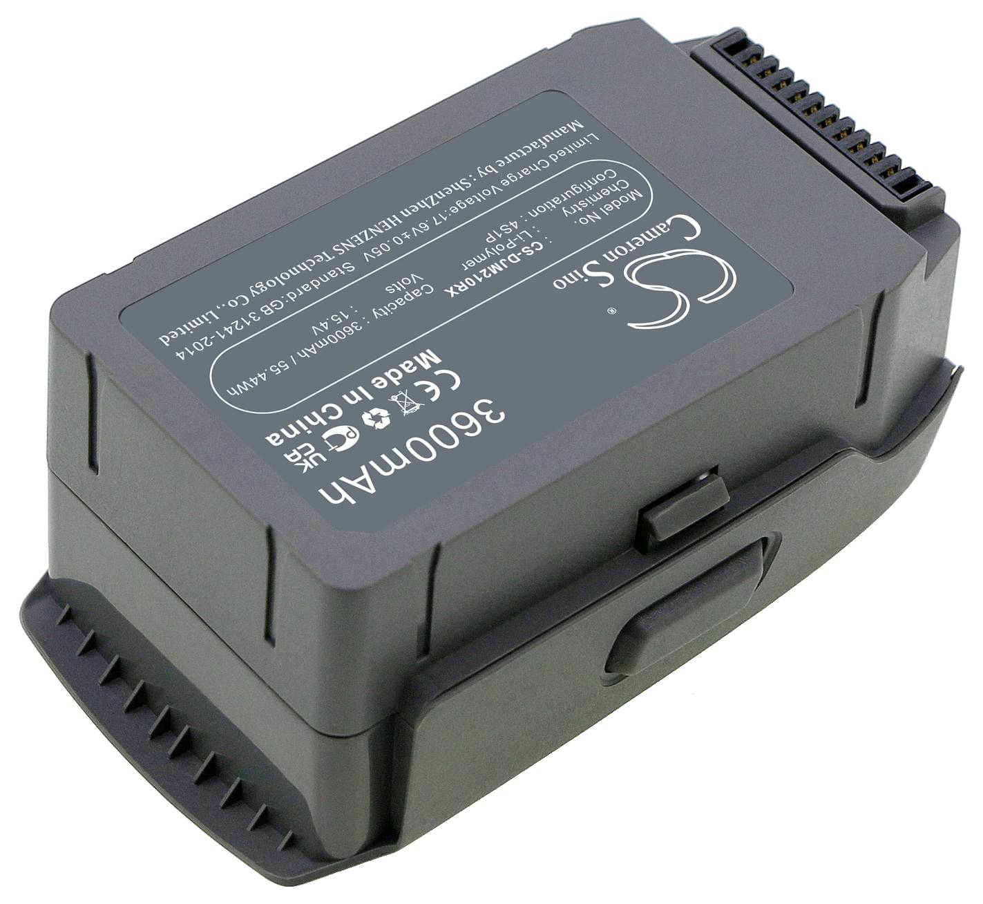 Batteria grigia, rettangolare, agli ioni di litio con capacità di 3600mAh. In alto sono visibili specifiche tecniche e informazioni di sicurezza.