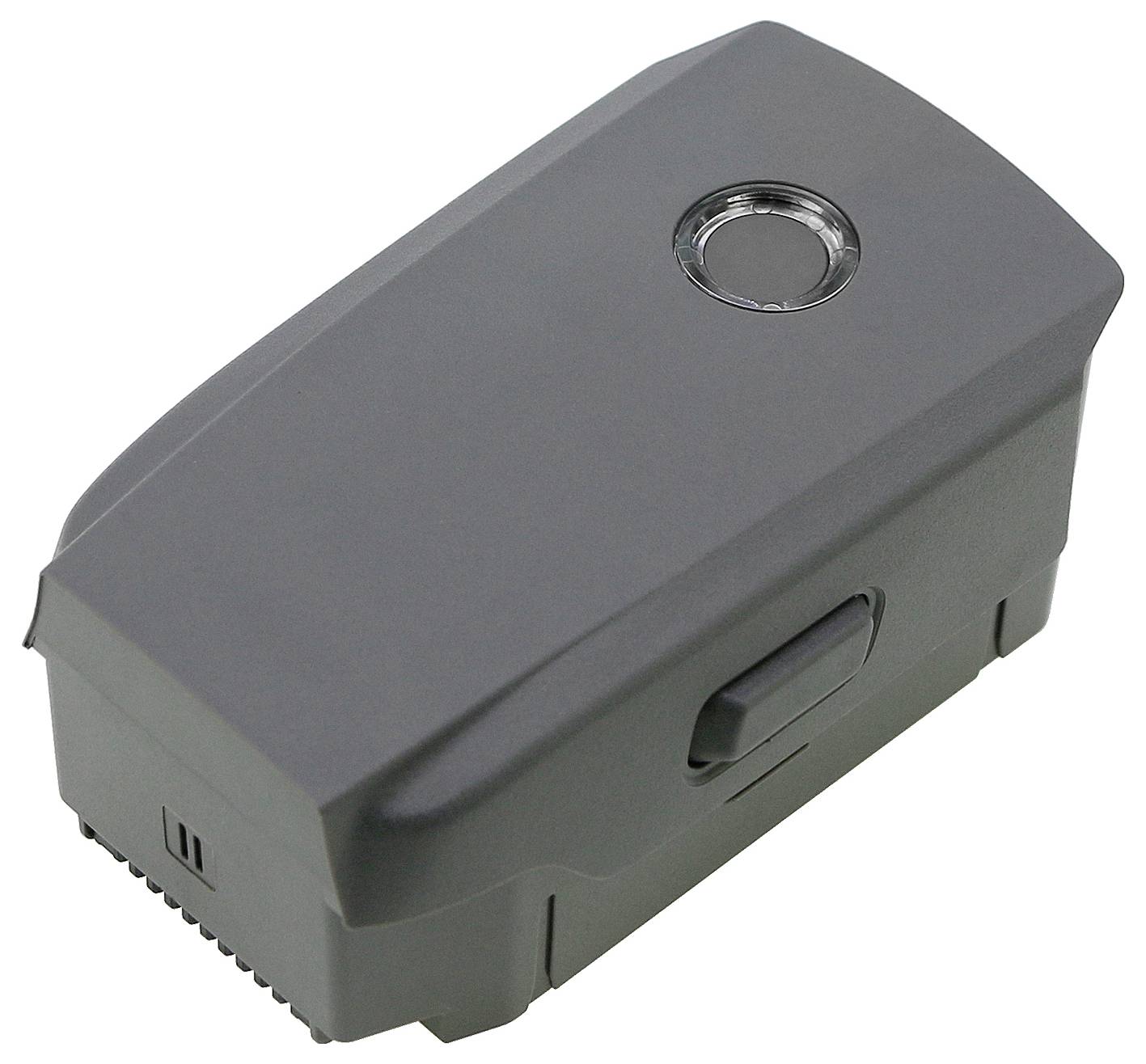 Un'unità batteria nera, rettangolare con bordi arrotondati e un pulsante circolare sulla parte superiore.