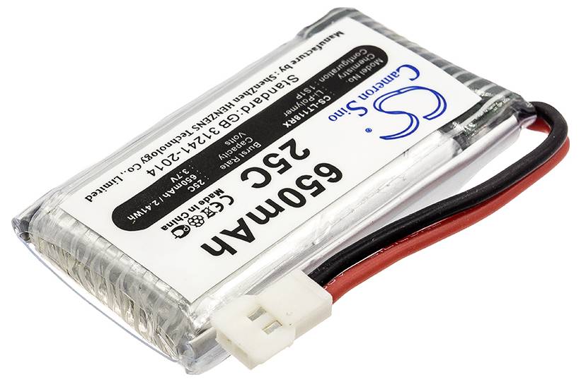 Una batteria al litio-polimero con una capacità di 650mAh, mostra due cavi e un connettore bianco.