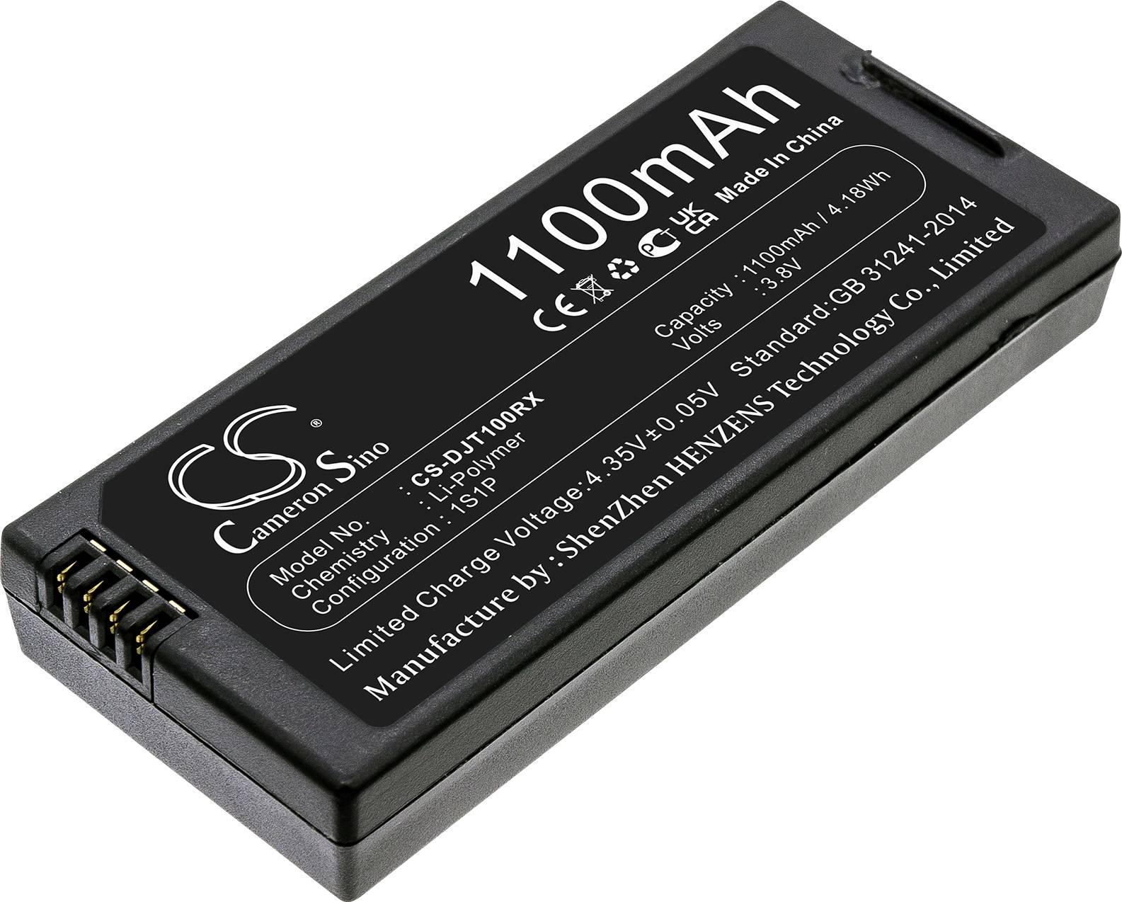 Una batteria agli ioni di litio-polimeri con capacità di 1100mAh, modello CS-DJT909BX, con tensione di 3,85V di Cameron Sino.