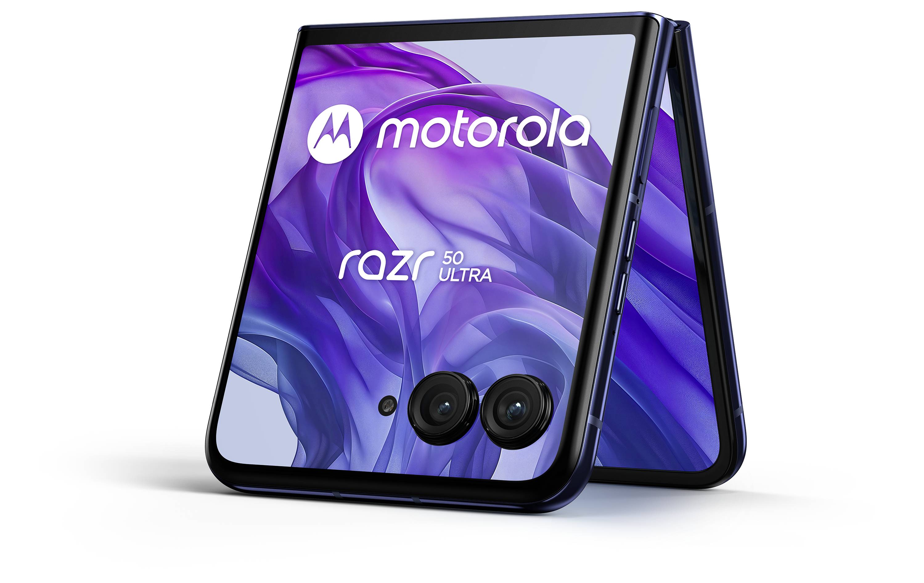 Smartphone pieghevole Motorola Razr 50 Ultra in blu con display aperto, che mostra il logo Motorola e gli obiettivi delle fotocamere sul retro.
