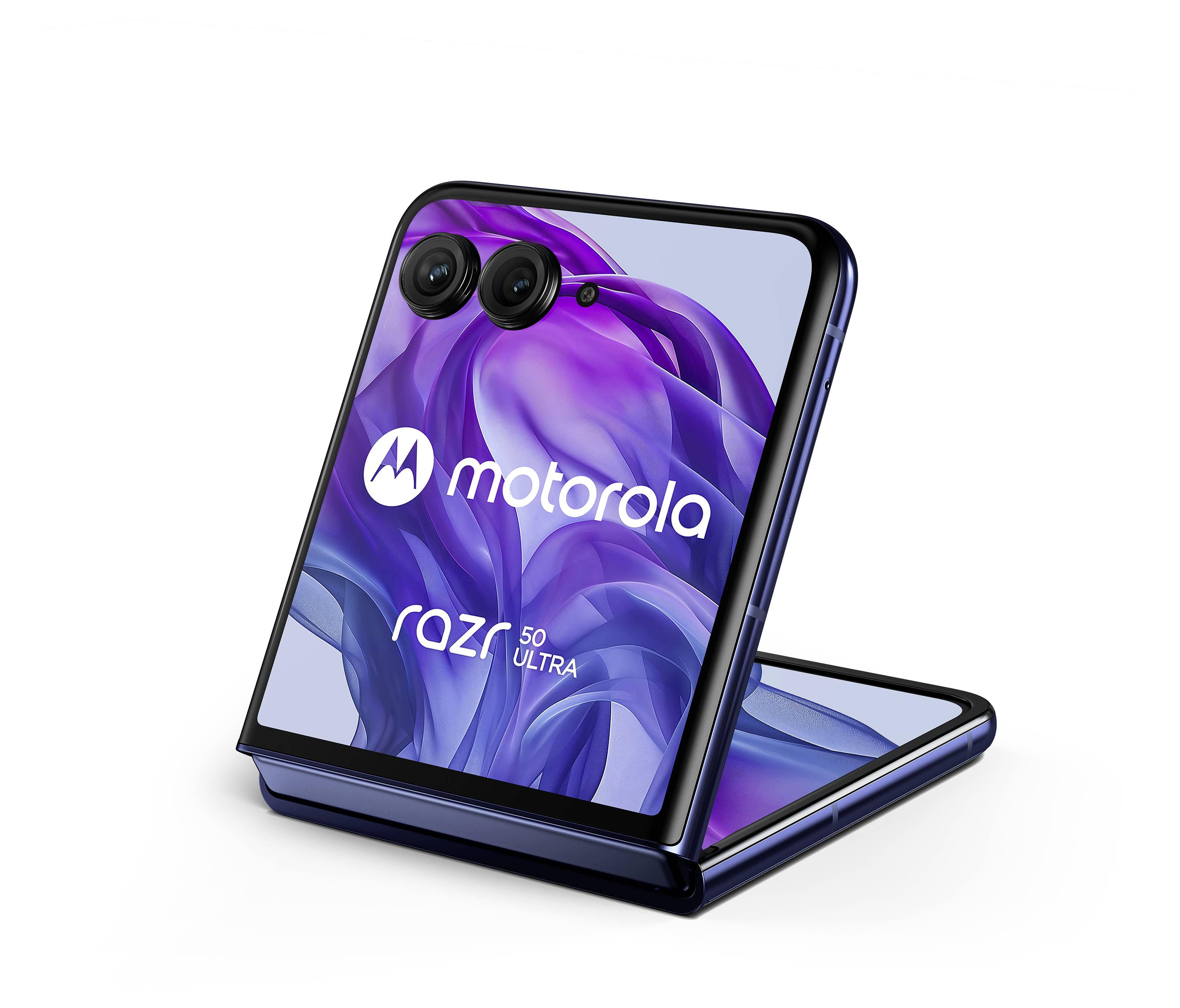 Un telefono pieghevole Motorola aperto, modello 'razr 40 ultra', con due fotocamere e uno sfondo artisticamente decorato sul display.