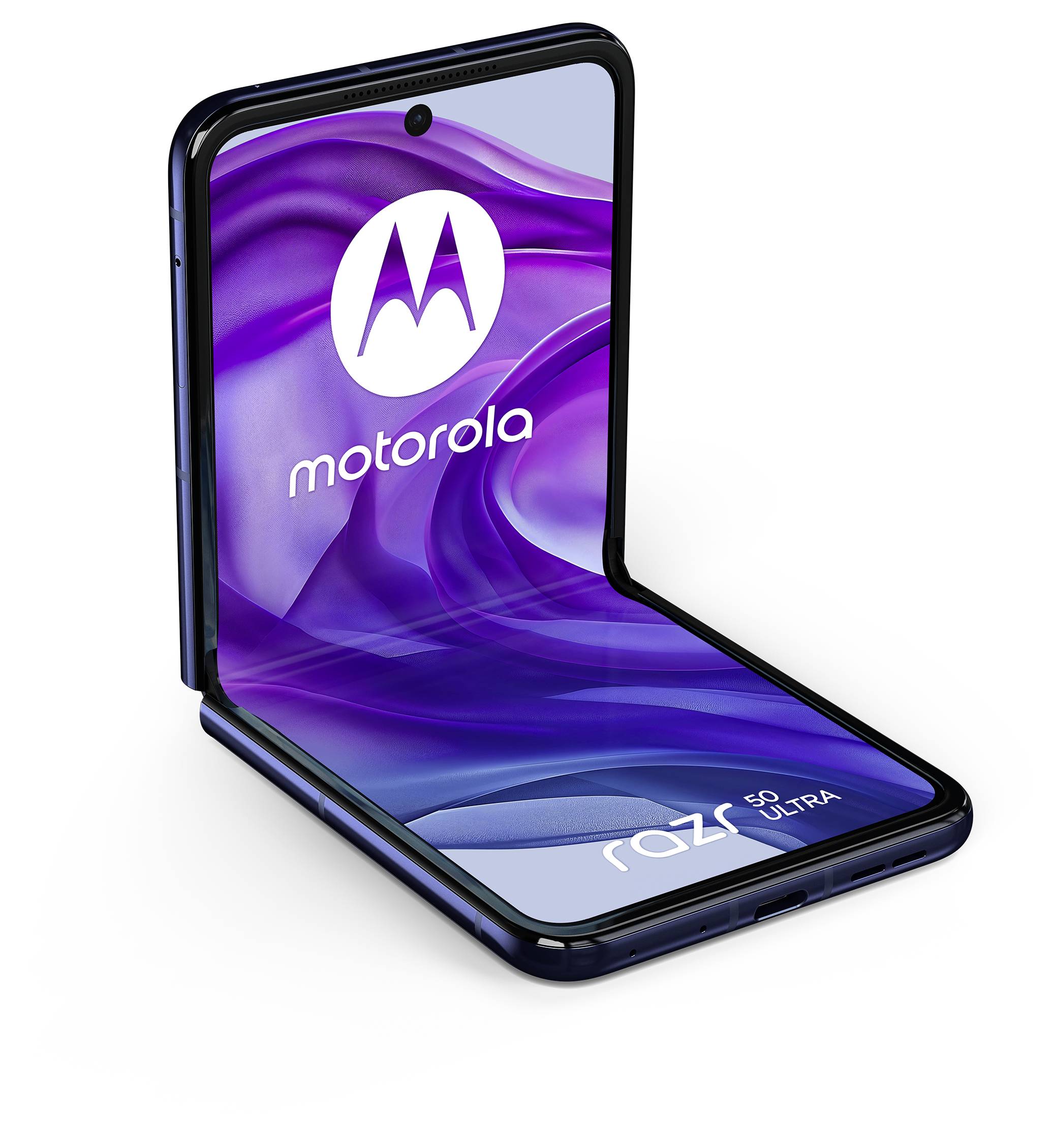 Un smartphone pieghevole e apribile con uno sfondo viola mostra il logo 'Motorola' e il testo 'razr ultra 5G'.