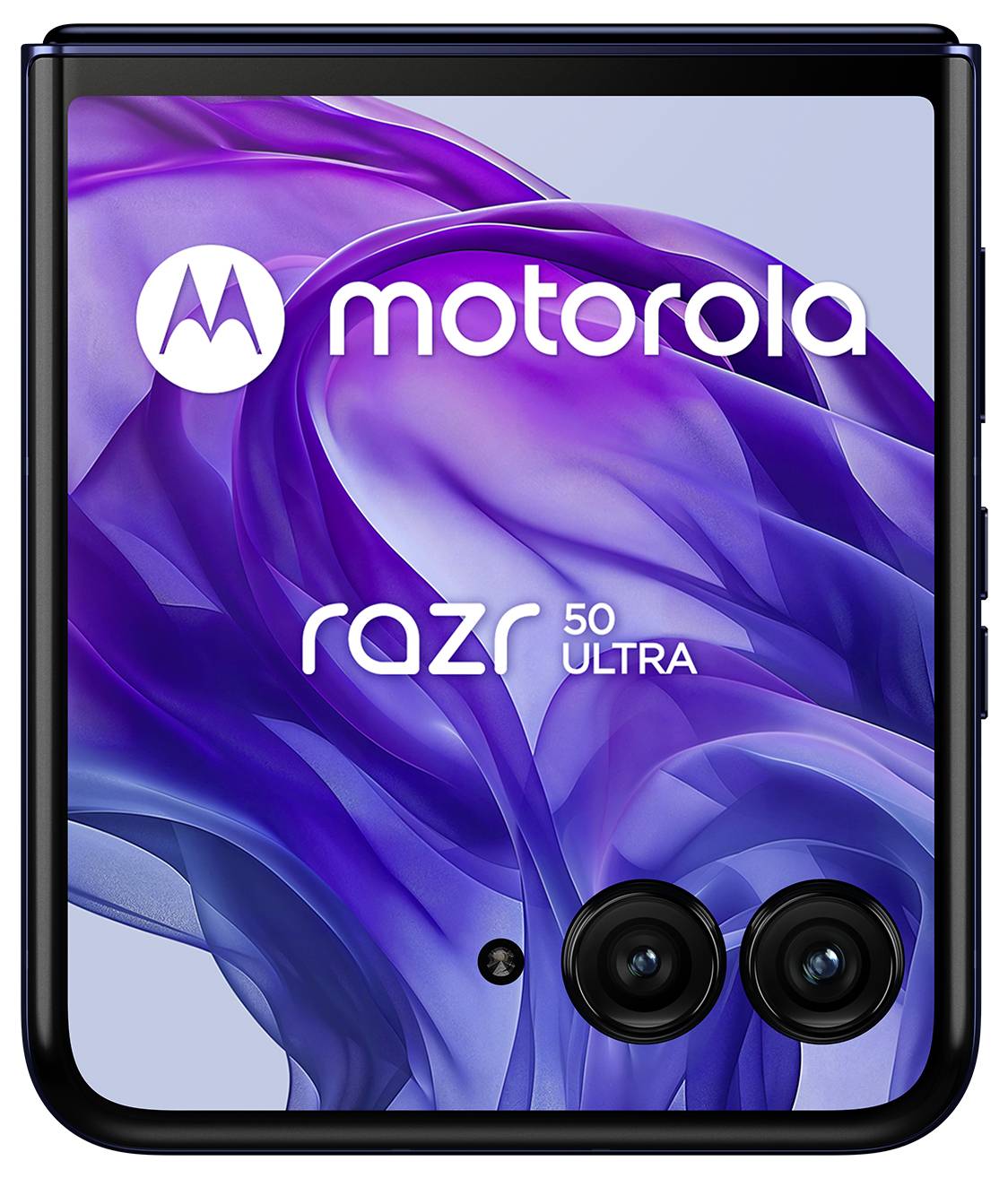 Un smartphone Motorola Razr 50 Ultra con il coperchio chiuso, mostra un design fluido e viola sul display esterno.