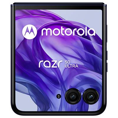 Un smartphone Motorola Razr 50 Ultra con il coperchio chiuso, mostra un design fluido e viola sul display esterno.