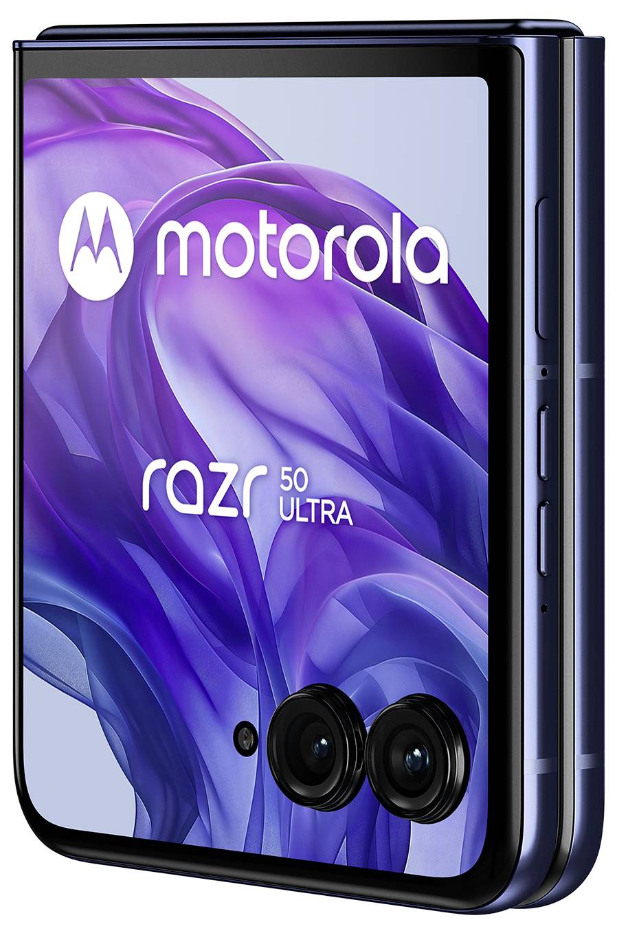 Un Motorola Razr 50 Ultra parzialmente aperto, che mostra il logo, il nome e gli obiettivi delle fotocamere sul retro dello smartphone.