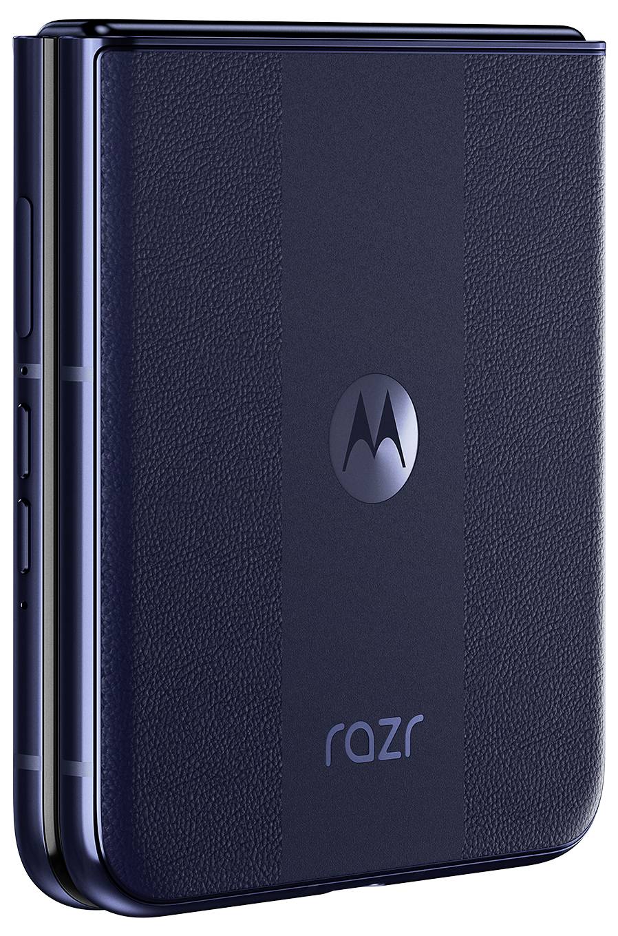 Smartphone moderno pieghevole con retro testurizzato, pulsanti visibili lateralmente, logo del marchio al centro.