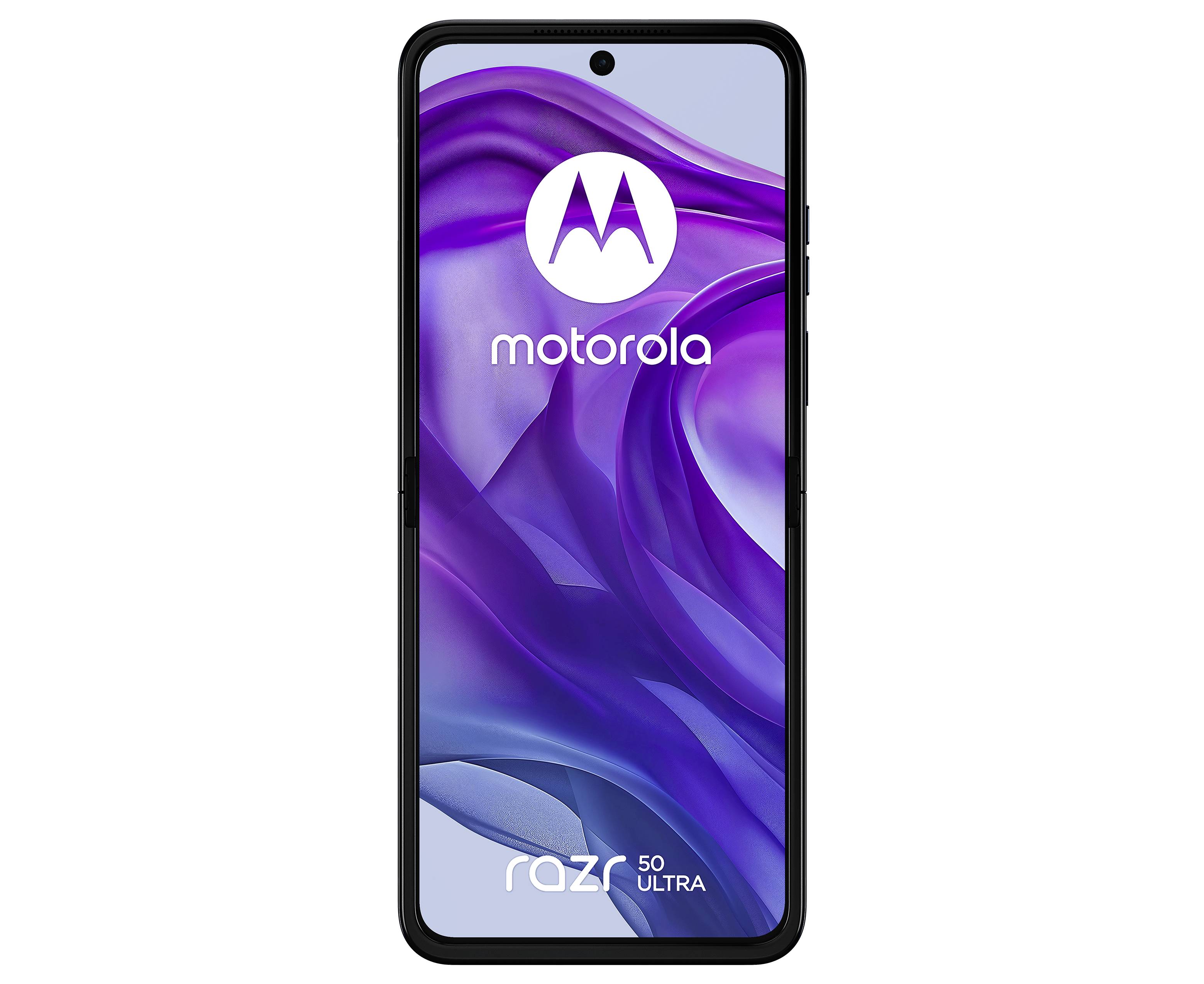Un smartphone con display mostra il logo Motorola e le scritte 'motorola' e 'razr 50 ULTRA'. Sullo sfondo toni di viola.