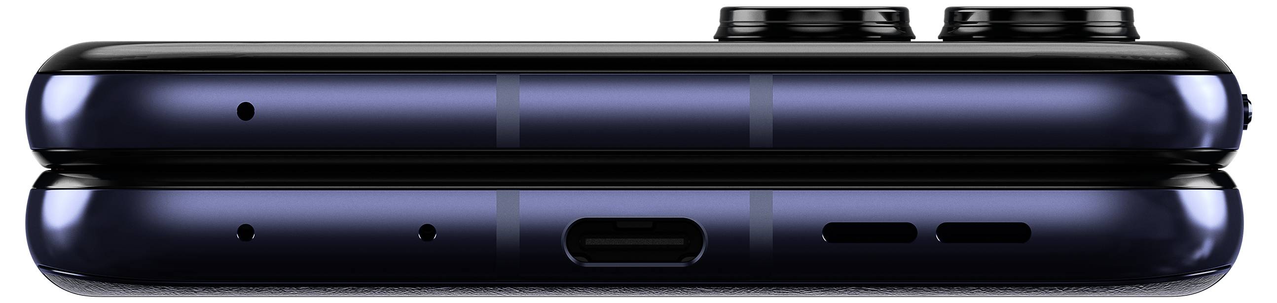 Profilo di uno smartphone pieghevole con obiettivi fotografici visibili sulla parte superiore e connettori sulla parte inferiore.