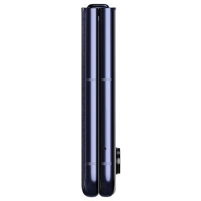 Un smartphone nero ripiegato con cornice in acciaio blu, visto di lato.