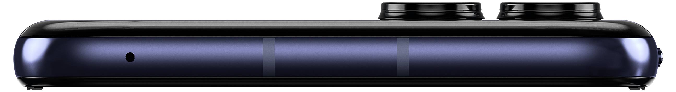 Smartphone visto di lato con un bordo blu e due obiettivi della fotocamera visibili sulla parte superiore.