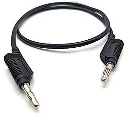 Un cavo audio nero con due spine jack, utilizzato per collegare dispositivi audio come cuffie o altoparlanti.