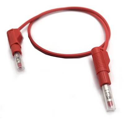Un cavo rosso con due connettori alle estremità. Entrambi i connettori sono trasparenti con componenti interne visibili.