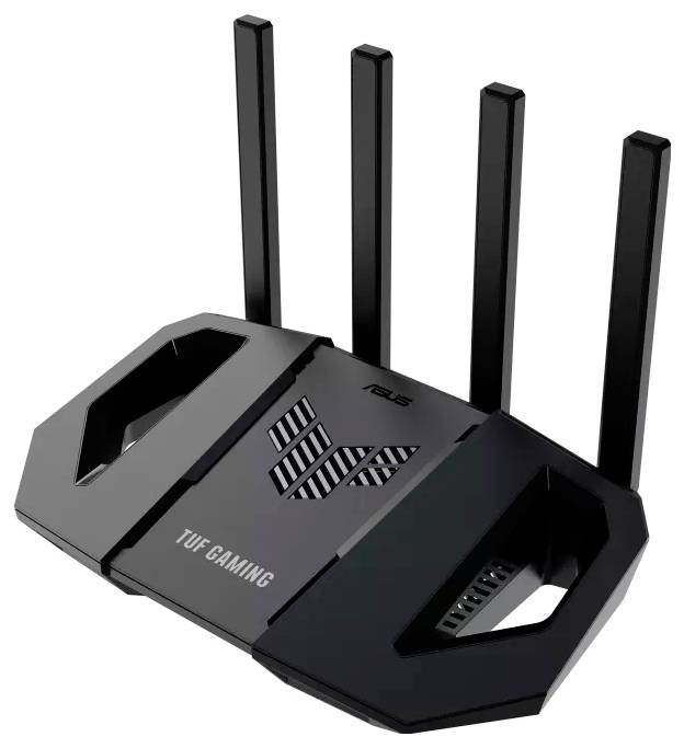 Router nero WLAN con quattro antenne, contrassegnato con 'ASUS' e 'TUF Gaming'.